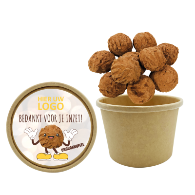 Afbeelding van relatiegeschenk:Bio Snoepbeker 100 gram Chocolade Truffels (incl. dekselsticker)